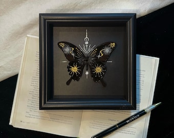 Handmade Butterfly Frame with Stars & Moons, Celestial Butterfly Shadow Box | Gothic Wall Art | Mystical Framed Decor |