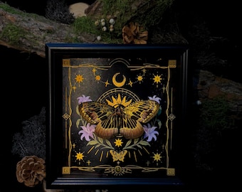 Bronze Silk Moth Art: Hand-Painted Gold, Celestial Tarot Decor
