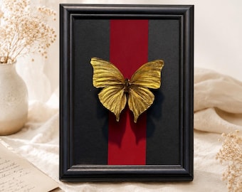 Golden Butterfly Frame, Real Butterfly Specimen Shadow Box, Handmade Gold Mineral Art, Black Red Wall Decor, Unique Gift for Her