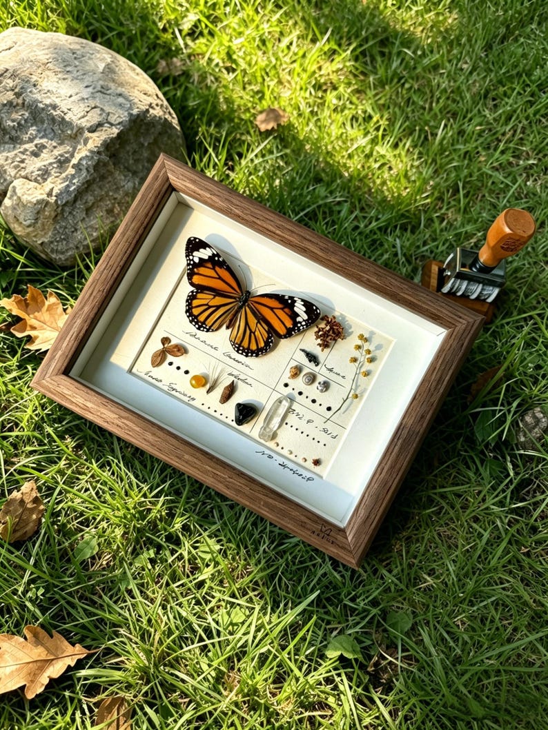 May include: A framed display featuring a monarch butterfly with orange and black wings, set against a white background. The frame is a dark wood. The display also includes various small specimens and handwritten text. The display is on a bed of green grass.