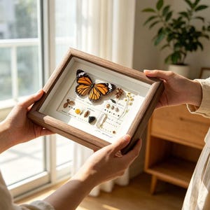 May include: A framed display featuring a butterfly with orange and black wings, set against a white background. The wooden frame surrounds the butterfly and other natural elements, including small stones and dried plants. The display is held by two hands.