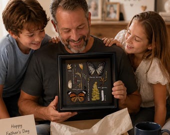 Happy Father’s Day Butterfly Shadow Box Frame, Nature Inspired Gift for Him Dad, Real Butterfly Wall Art, Entomology Display Decor