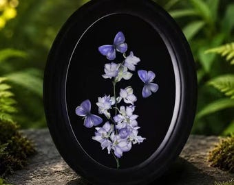 Celastrina Ornata Butterfly Frame, Real Blue Specimen with Pressed Flowers, 8 Inch Oval Botanical Art, Cottagecore Nature Lover Gift