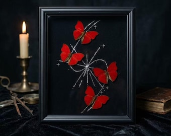 Gothic Red Butterfly Shadow Box, Real Specimen Wall Art, Dark Academia Witchy Decor, Four Butterfly Frame, Unique Handmade Gift for Birthday