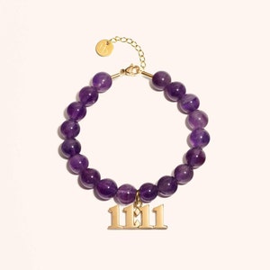 Pulsera 11:11 con amatista y piedras preciosas, dije dorado con número de ángel 1111, calidad de lujo