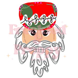 Może przedstawiać: Cyfrowa ilustracja świątecznego dziadka do orzechów. Dziadek do orzechów ma czerwony kapelusz z różowymi akcentami i zieloną naszywką. Girlanda światełek zdobi kapelusz. Dziadek do orzechów ma opaloną twarz, czarne oczy oraz białe wąsy i brodę.