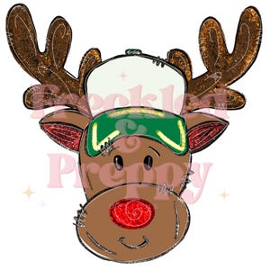 May include: A cartoon illustration of a reindeer head with brown antlers and a red nose. The reindeer wears a white hat and green goggles. The image has a glittery effect and is set against a white background.