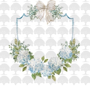 May include: Watercolor floral design featuring a light blue frame adorned with a bow and a garland of blue hydrangeas and green foliage. The design has a soft, elegant aesthetic, perfect for invitations or wall art.