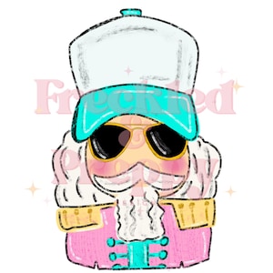 Może przedstawiać: Cyfrowa ilustracja dziadka do orzechów w jasnoniebieskiej czapce, okularach przeciwsłonecznych i różowym płaszczu ze złotymi akcentami. Dziadek do orzechów ma białą brodę i wąsy. Obraz ma efekt akwareli.