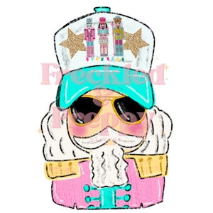 May include: A whimsical illustration of a nutcracker wearing sunglasses and a turquoise visor. The nutcracker is dressed in a pink uniform with gold accents and a white beard. The hat features three smaller nutcrackers, gold stars, and string lights.