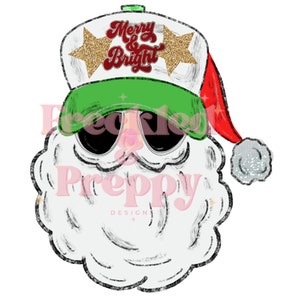 May include: A whimsical illustration of Santa Claus wearing sunglasses and a baseball cap. The cap is white with gold glitter stars and the words "Merry & Bright" in red. Santa's hat is red with a white pom-pom, and the brim of the cap is green.