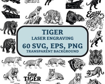 Tiger SVG Bundle 60 Designs, Laser Engraving Tiger Vector, PNG EPS Files, Easy Tiger Clipart, Wildlife Silhouette Pack, Digital Download