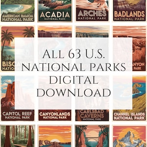 All Set of 63 US National Park Travel Posters, Digital Download, Wall Art Printable for Living Room Decor,  Vintage Bundle Adventure Posters