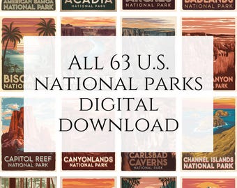 Alle Set von 63 US National Park Reiseplakate, digitaler Download, Wand Kunst druckbare für Wohnzimmer Dekor, Vintage Bundle Abenteuer Plakate