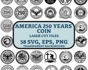 Paquete de archivos SVG de monedas de los 250 años de Estados Unidos para grabado láser, moneda conmemorativa, archivos de corte láser del aniversario de EE. UU. 1776-2026, bandera patriótica con águila en formato PNG.
