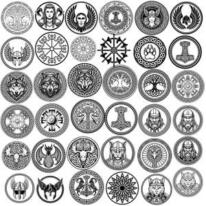 K&ouml;nnte beinhalten: Eine Sammlung von schwarz-wei&szlig;en kreisf&ouml;rmigen Designs mit Symbolen der Wikinger- und nordischen Mythologie. Die Designs umfassen W&ouml;lfe, Helme, &Auml;xte und andere komplizierte Muster, die f&uuml;r verschiedene Anwendungen geeignet sind.