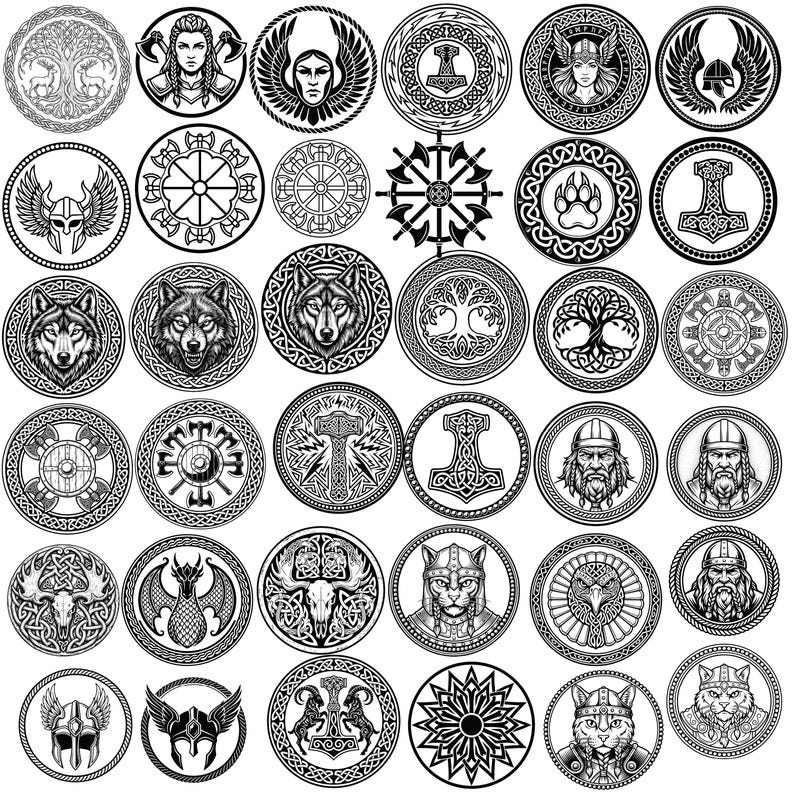 K&ouml;nnte beinhalten: Eine Sammlung von schwarz-wei&szlig;en kreisf&ouml;rmigen Designs mit Symbolen der Wikinger- und nordischen Mythologie. Die Designs umfassen W&ouml;lfe, Helme, &Auml;xte und andere komplizierte Muster, die f&uuml;r verschiedene Anwendungen geeignet sind.