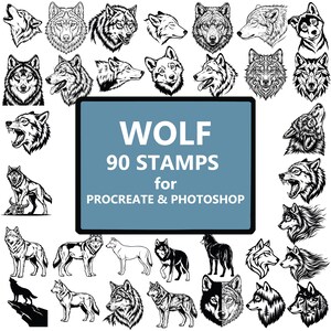 Könnte beinhalten: Eine Sammlung von 90 schwarz-weißen Wolfsillustrationen, angeordnet um eine zentrale blaue rechteckige Grafik mit dem weißen Text WOLF 90 STAMPS for PROCREATE & PHOTOSHOP. Die Bilder zeigen Wölfe in verschiedenen Posen, darunter Köpfe, Profile und Ganzkörperansichten.