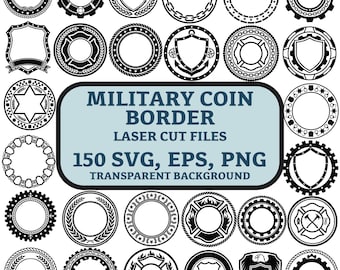 150 cornici per monete commemorative, pacchetto SVG di bordi per monete militari tattiche, bordi per distintivi e scudi, file per taglio laser, Cricut Silhouette PNG EPS