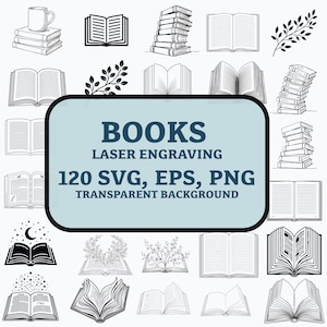 May include: A collection of black and white line art illustrations featuring various open and stacked books, leafy branches, and celestial motifs. A central light blue rectangular label displays the text BOOKS LASER ENGRAVING 120 SVG, EPS, PNG TRANSPARENT BACKGROUND.