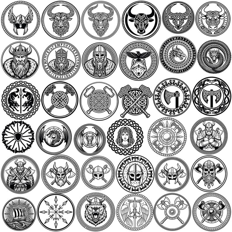 K&ouml;nnte beinhalten: Eine Sammlung von schwarz-wei&szlig;en Illustrationen zum Thema Wikinger in kreisf&ouml;rmigen Rahmen. Die Designs umfassen Wikingerhelme, Langschiffe, &Auml;xte, Drachen und Portr&auml;ts von Wikingerkriegern. Die Kunstwerke sind detailliert und vielseitig einsetzbar.