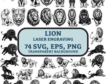 レーザー彫刻、Tシャツ、オンデマンド印刷製品、マグカップ用のライオンSVGバンドル、ライオンクリップアートPNG EPS、白黒ライオンベクター、デジタルダウンロード