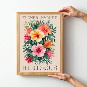 Tropical Flower Market Print, Hibiscus Wall Art, Flower Market Poster, Living Room Print, Bedroom Wall Decor, Modern Watercolor Floral Art