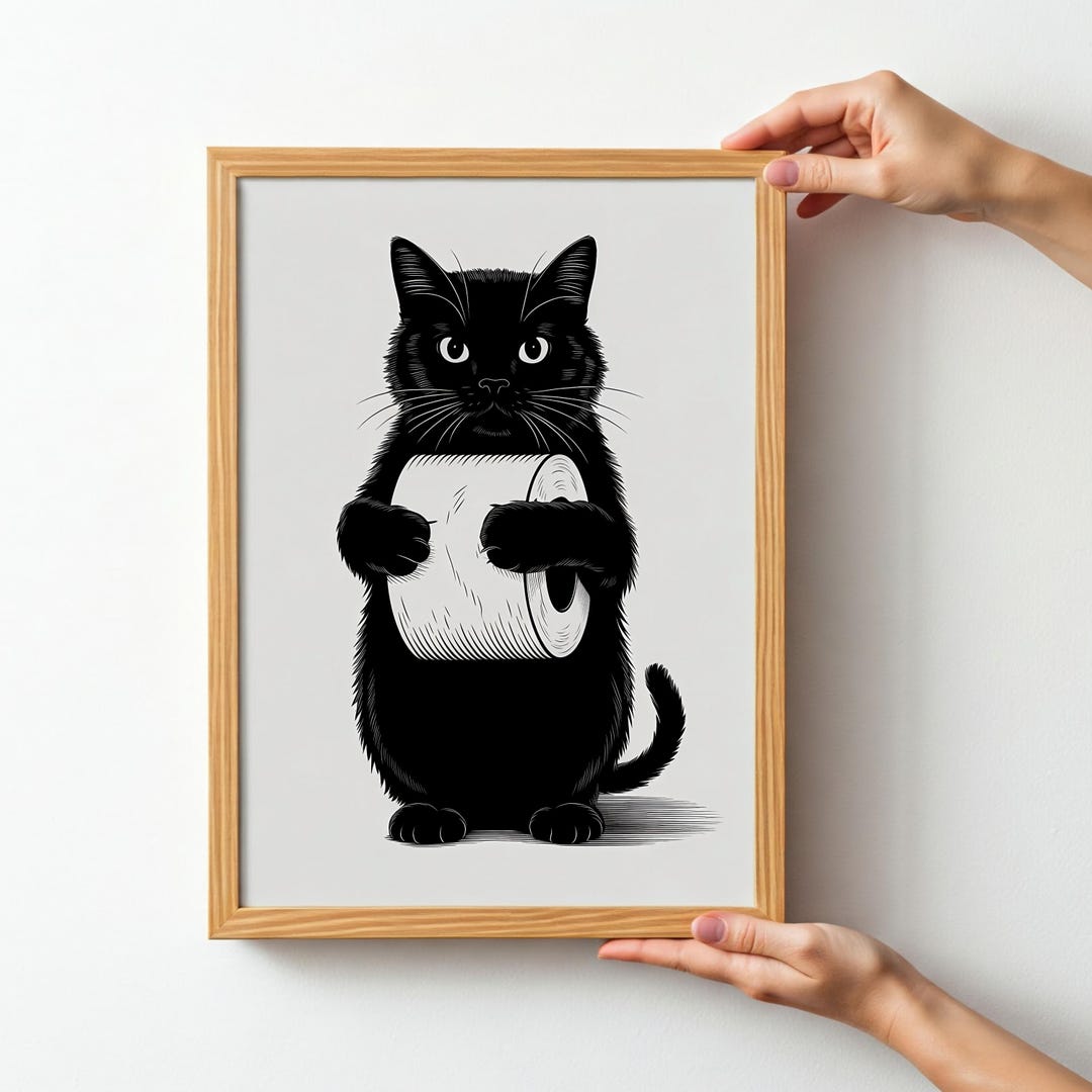 Black Cat Hugging Toilet Paper Poster Animal Bathroom Poster Cat Art ...