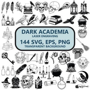 Puede incluir: Una colección de ilustraciones digitales en blanco y negro con calaveras, cuervos, velas, libros, llaves y pociones. El texto central dice DARK ACADEMIA LASER ENGRAVING 144 SVG, EPS, PNG TRANSPARENT BACKGROUND para diversos usos de diseño.