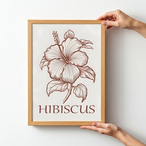Hibiskus Blume Linie Zeichnung Wandkunst, Blumenlinie Kunstdruck, abstraktes botanisches Plakat, minimalistischer Druck, Wohnzimmer-Wanddekor, digital