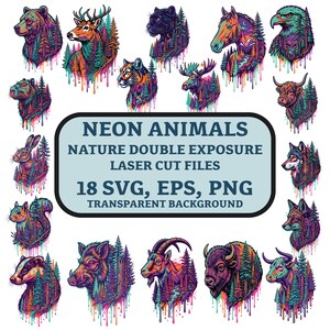 Puede incluir: Una colección de diseños de animales de neón con efecto de doble exposición, con un oso, ciervo, pantera, caballo, águila y otros animales salvajes. Los diseños incluyen imágenes de bosques y el texto "NEON ANIMALS, NATURE DOUBLE EXPOSURE, LASER CUT FILES, 18 SVG, EPS, PNG, TRANSPARENT BACKGROUND."