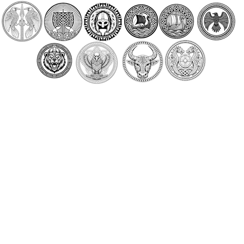 K&ouml;nnte beinhalten: Eine Sammlung von schwarz-wei&szlig;en kreisf&ouml;rmigen Illustrationen mit verschiedenen Wikinger-Themen. Die Designs umfassen einen Raben, eine Axt, einen Helm, ein Langschiff, einen Adler, einen B&auml;ren, einen Adler, einen Stier und ein Drachenpaar.