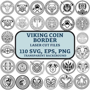 Vikingmynt SVG-paket för lasergravering, nordiska utmaningsmyntgränser, keltisk knut laserskurna filer, vikingaemblem PNG EPS, digitalt