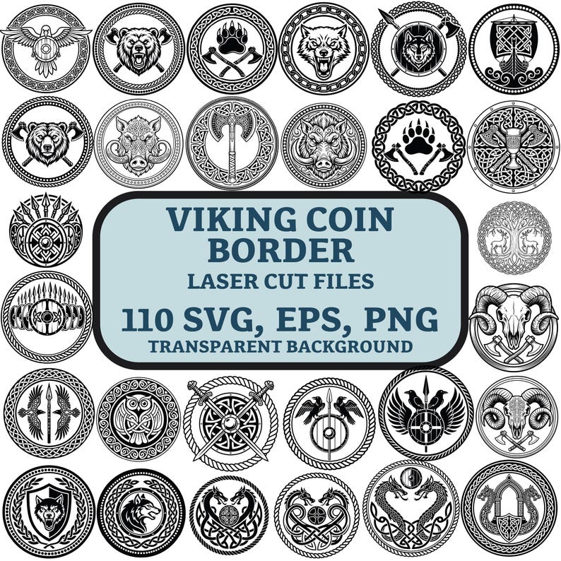 K&ouml;nnte beinhalten: Eine Sammlung von schwarz-wei&szlig;en Viking-M&uuml;nzranddesigns. Das Bild zeigt verschiedene kreisf&ouml;rmige Illustrationen mit Tieren, Waffen und Schilden. Der Text in der Mitte lautet "VIKING COIN BORDER" und "110 SVG, EPS, PNG".