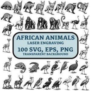 Könnte beinhalten: Schwarz-Weiß-Illustrationen verschiedener afrikanischer Tiere, darunter ein Schuppentier, Katzen, Zebras, Affen und Vögel. Das Bild enthält den Text "AFRICAN ANIMALS LASER ENGRAVING 100 SVG, EPS, PNG TRANSPARENT BACKGROUND."