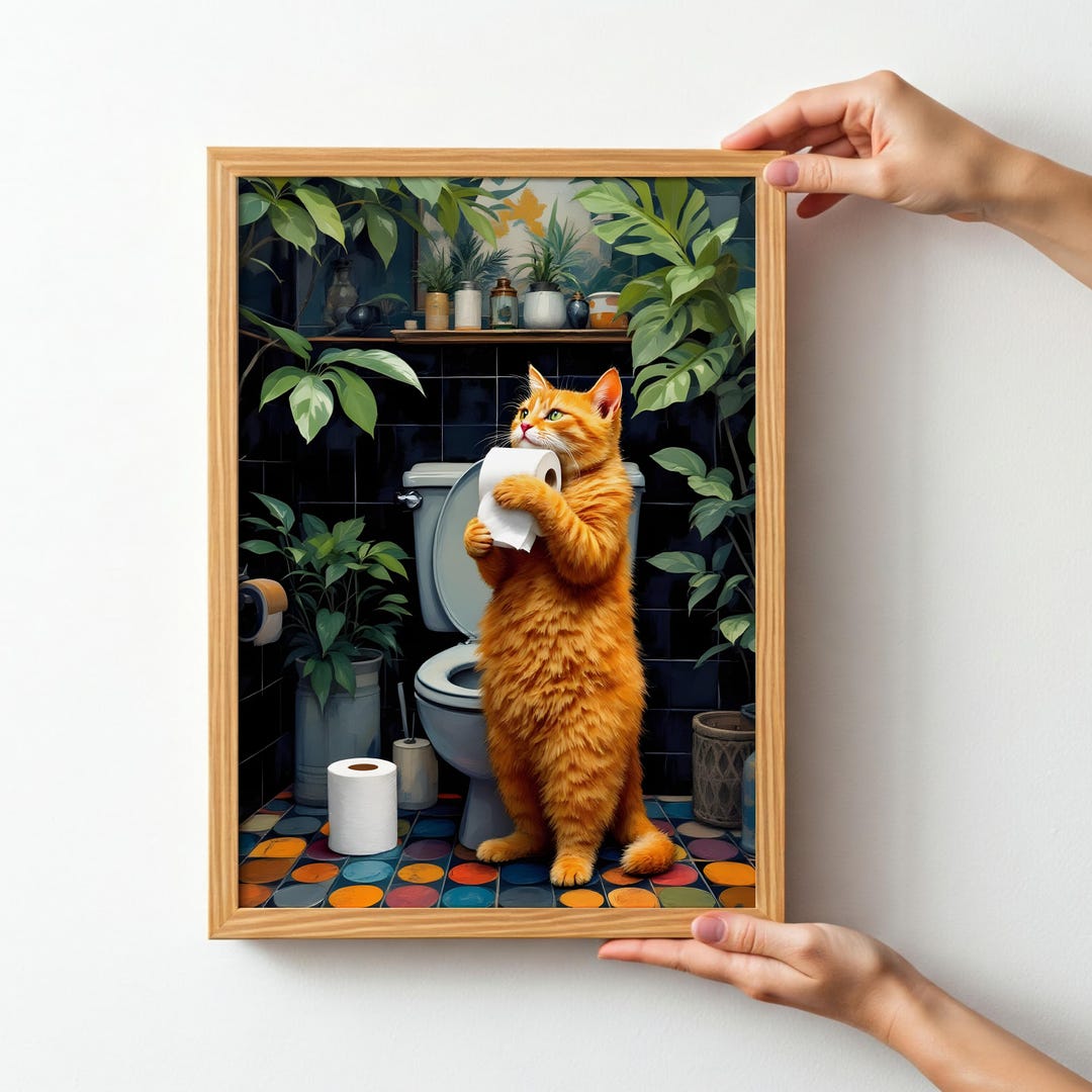 Funny Orange Cat Wall Art Print Bathroom, Funny Bathroom Poster Wall ...