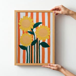 Sunflower Flower and Stripes Print, Sunflower Wall Art, Botanical Poster, Living Room Print, Bedroom Wall Decor, Modern Floral Art Print