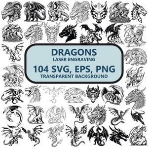104 Drachen-SVG-Dateien für Print-on-Demand, Fantasy-Lasergravurdateien, Cliparts mythischer Kreaturen, Drachenkopf (PNG), Vektorgrafik (EPS)