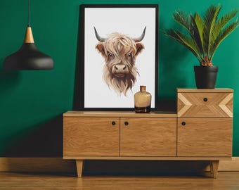 Herunterladbare Highland Kuh Druck, druckbare Kunst, Wohnkultur, digitale Wandkunst, Kuhdruck, 3 Größen, herunterladbare Wanddekoration, rustikaler Bauernhofdruck