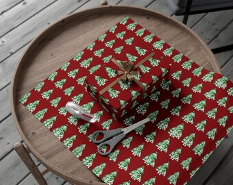 Vintage Christmas Gift Wrap, Christmas Tree Wrapping Paper, Red Holiday Paper, Festive Gift Wrap, Classic Xmas