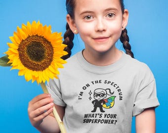 Autisme op het spectrum superheld T-shirt, T-shirt neurodiversiteit, ondersteuning autisme bewustzijn, inclusieve mode, autistisch kind meisje cadeau