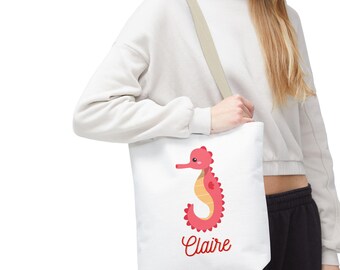 Bolso de playa personalizado con caballito de mar, bolso de playa con nombre personalizado, bolso de playa con caballito de mar, regalo para ella, bolso de verano, conjuntos a juego para niños