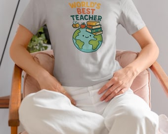 世界一の先生のコットンTシャツ、先生への感謝の贈り物、教育者シャツ、先生への贈り物、学校用アパレル、先生へのプレゼント