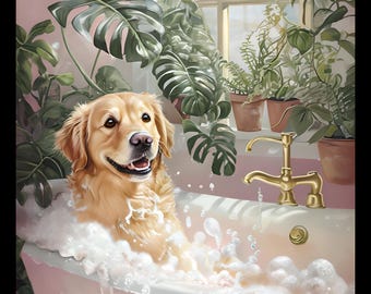 Arte stampabile raffigurante un cane in bagno, decorazioni per la casa scaricabili, stampe digitali da parete, arte da bagno, decorazioni da parete con cani, Golden Retriever, stampa con cane in vasca da bagno