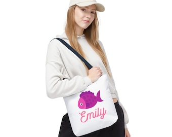 Bolso de playa personalizado con pez, bolso de playa con nombre personalizado, bolso de playa con pez, regalo para ella, bolso de verano, conjuntos a juego para niños