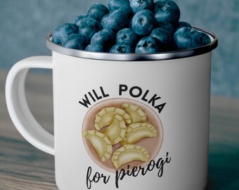 Pierogi Mug, Enamel Dumpling Cup, Camping Mug, Gift from Poland, Foodie Gift, Cozy Drinkware, Travel Coffee Cup, Funny Polish Gift