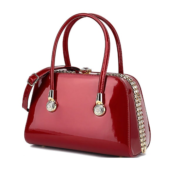 Paten Leather Handbag Rhinestone Diamond Clasp Gold Trim Designer Fashion Bag Women's Purses Fashion Accessories Satchel Luxury Elegant