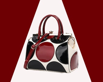 Paten Leather Handbag Lady Bug Black White Red Large Satchel Designer Bag Rhinestone Kiss Lock Clasp Luxury Purse