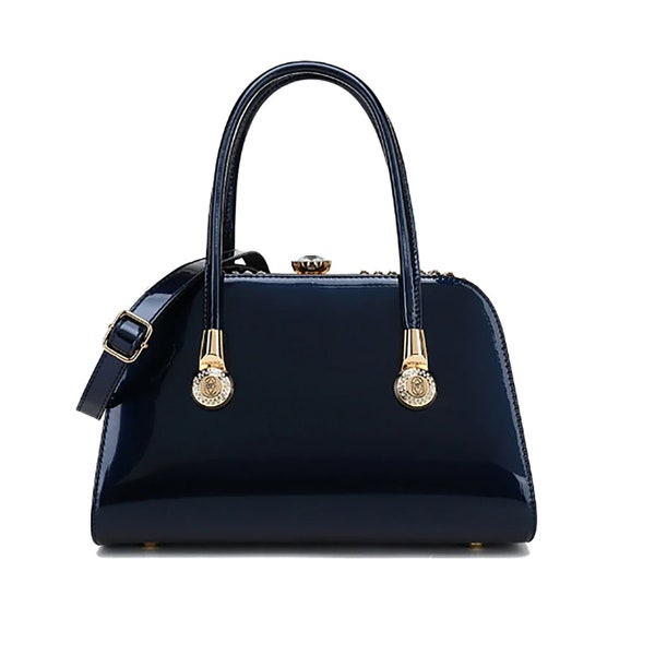 Paten Leather Handbag Black Rhinestone Diamond Clasp Gold Trim Designer Fashion Bag Women's Purses Fashion Accessories Satchel Luxury