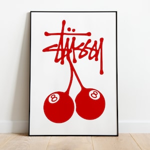 Stussy 8-Ball Cherry Red/White Streetwear Poster - Free Shipping - 170GSM Paper - Wall Art For Your Room/Office/House